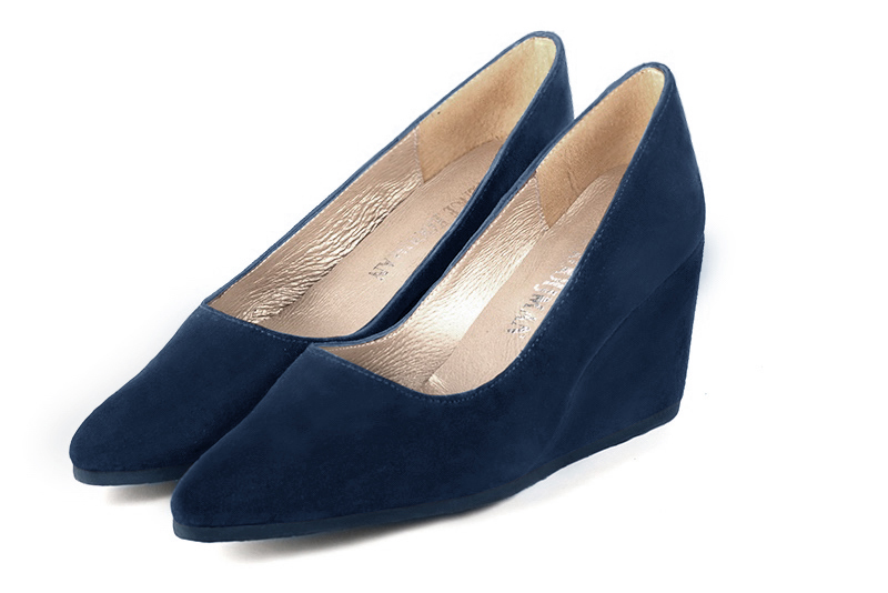Navy blue women's dress pumps,with a square neckline. Tapered toe. Medium wedge heels. Front view - Florence KOOIJMAN